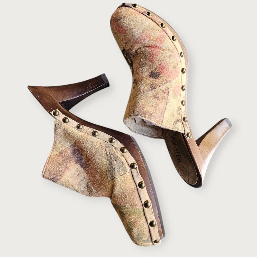 Pelle Moda Floral Print Leather Clogs in Pastel Pink and Tan - Picture 7 of 12